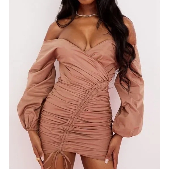 House Of CB Womens Dress Sz M Indra Mocha Off Shoulder Mini,Party,Dance Ruched - Picture 2 of 15